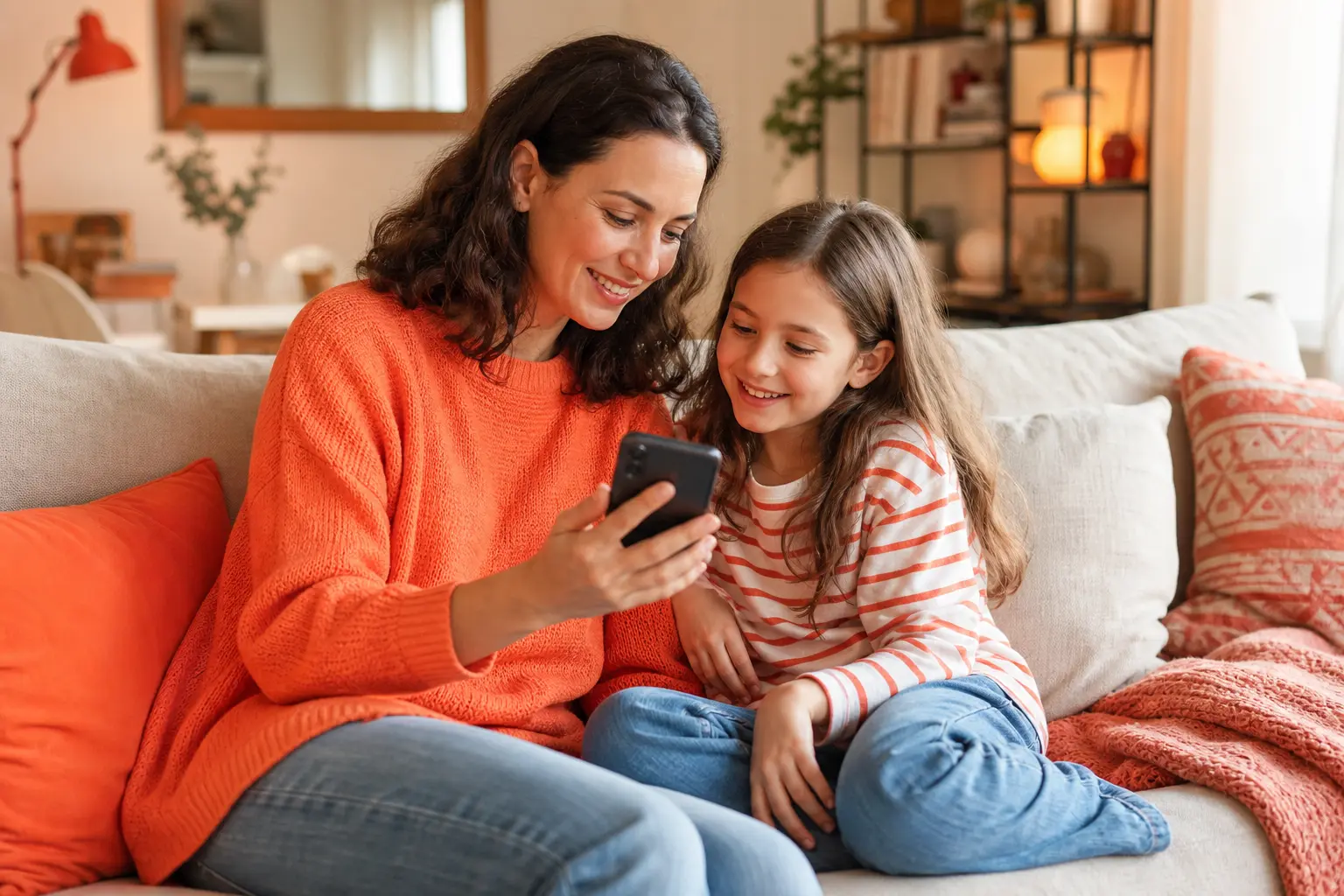 Family Link avis maman et fille consultant l'application ensemble