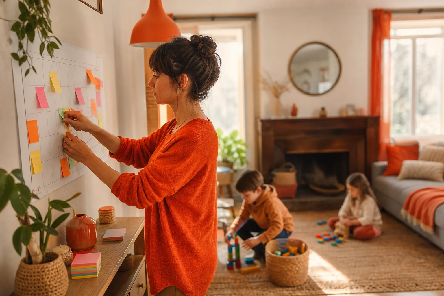 Parent isolé organisant son planning familial au quotidien