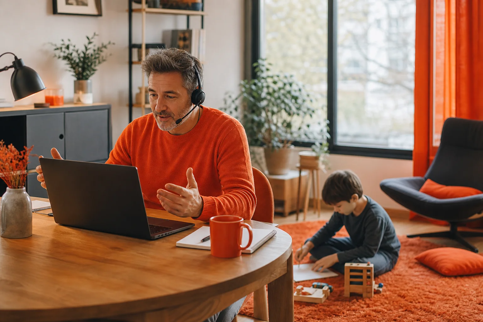 Parent isolé en télétravail aménagé avec son enfant